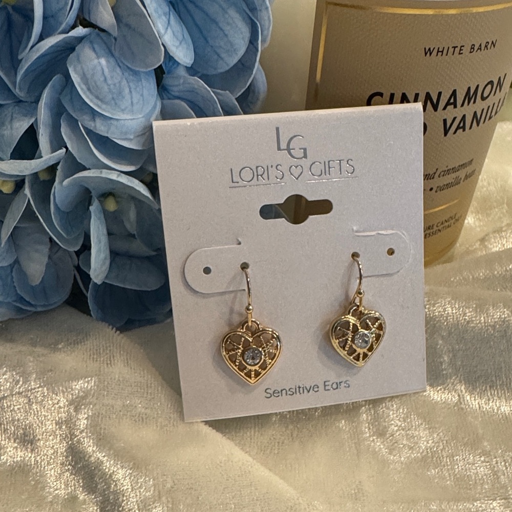 Gold Heart Earrings with Blue Accents